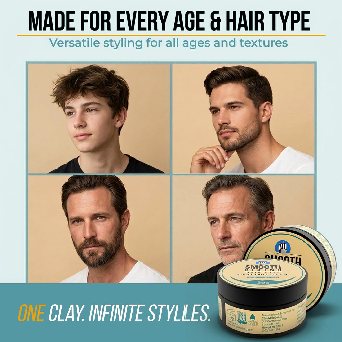 Smooth Viking Hair Clay for Men Strong Hold Matte Finish Pomade Texture Styling Paste Natural Thickening Hair Product Easy Wash Out All Type Hairs 2oz