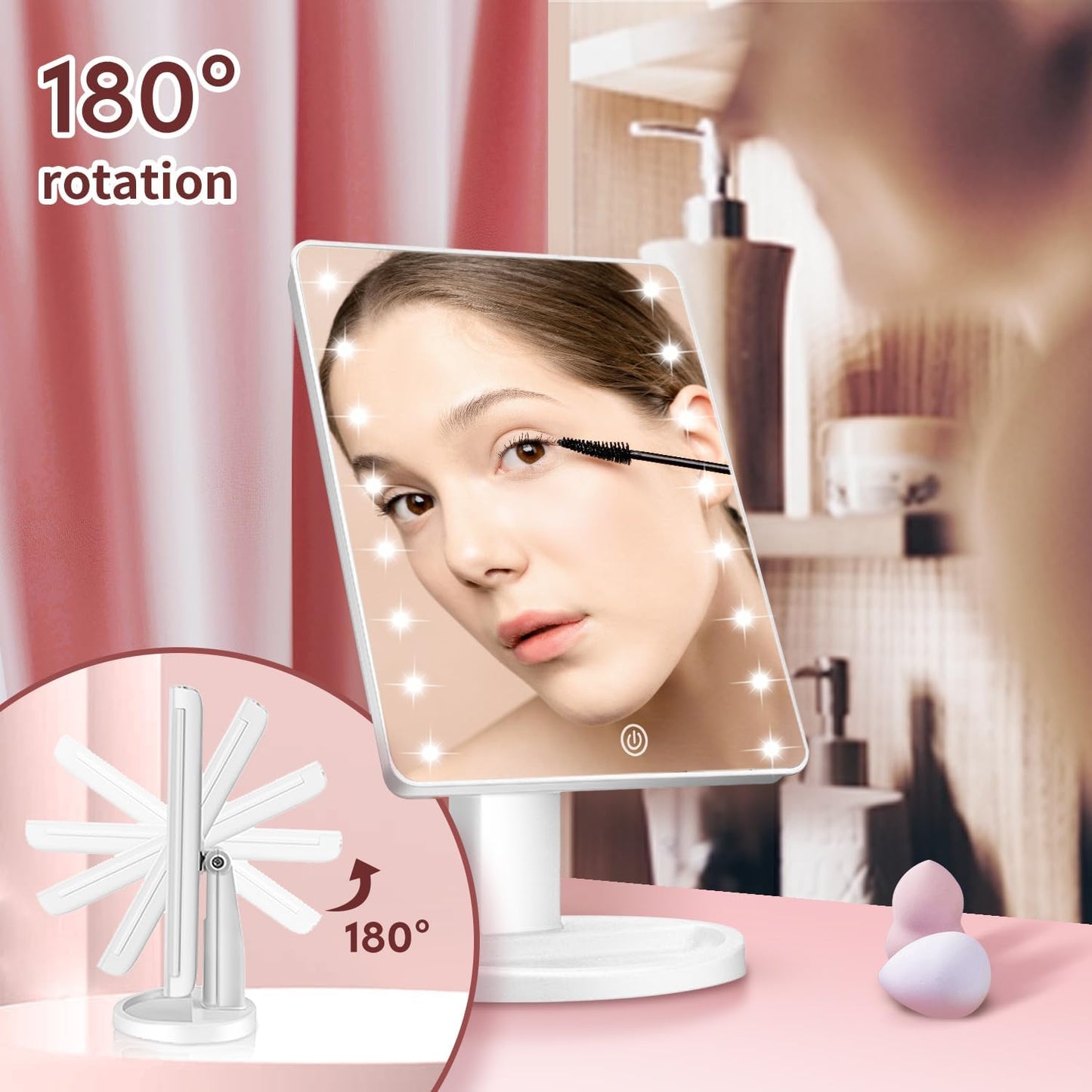 Lighted Makeup Mirror - 16 LED Lights, 180° Rotation | Touch Screen Brightness Adjustment, USB Powered (White)
