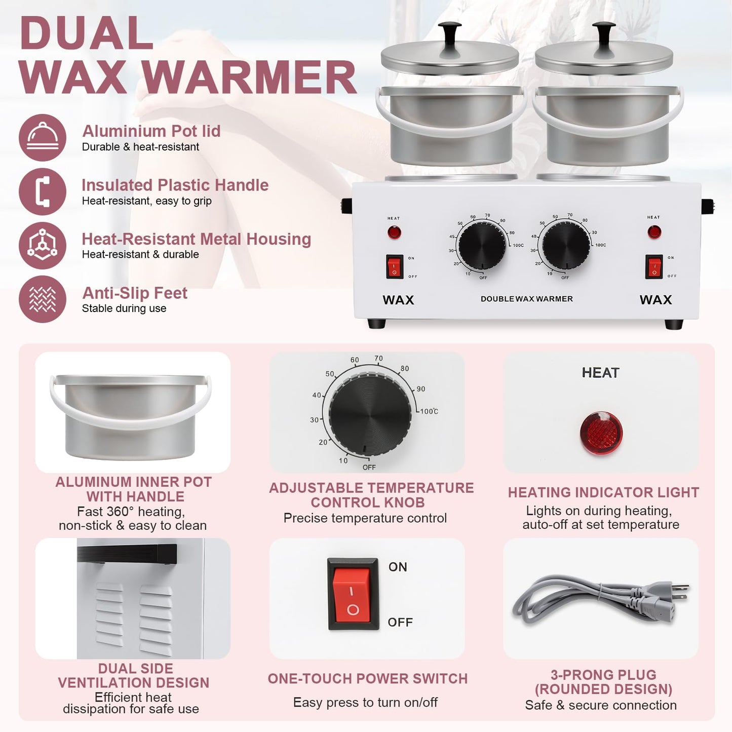 Wax Warmer Double Pot, Professional Electric Heater for Facial, Body, Spa, and Salon, 1.2L Dual Adjustable Temperature with 100 Wooden Craft Sticks, Hair Removal