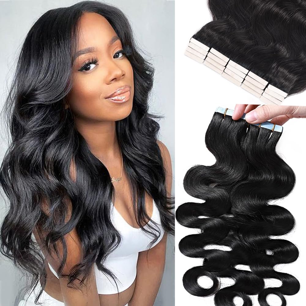 Tape in Hair Extensions Human Hair Body Wave Real Human Hair for Black Women Skin Weft Adhesive Glue in Extensions 14Inch 20 PC 50G/Set Double Sided Tape in Extensions 40-60 PCS Suggested