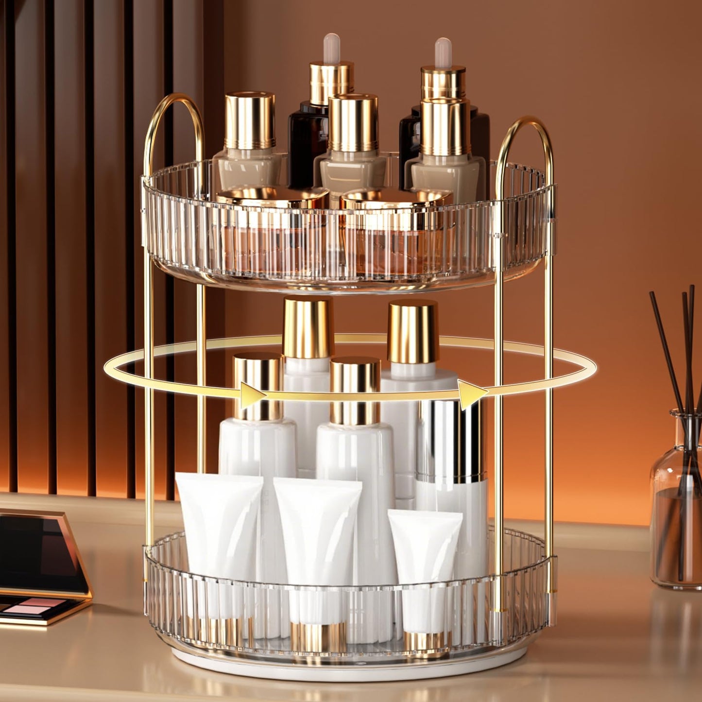 YCIA&DONE 360 Rotating Makeup Organizer and Storage for Vanity Bathroom Countertop, High Capacity Cosmetic Skincare Perfume Organizers for Dresser Lazy Susan (Clear White,2 Tiers)