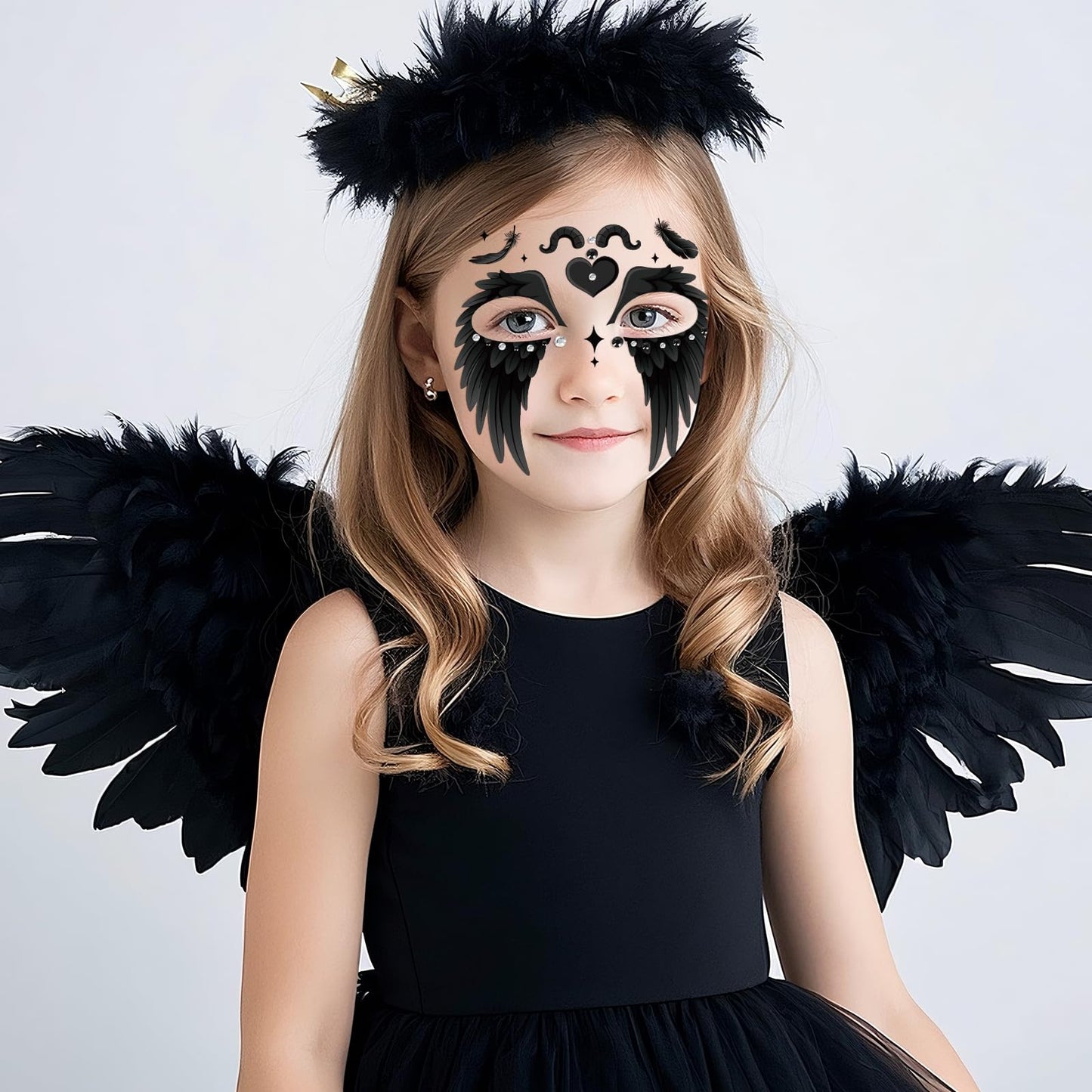 HOWAF Halloween Angel Face Tattoos, 2 Angel Wing Full Face Temporary Tattoos with 2 Sheets Jewels Tattoos Sticker for Hallows' Eve Costumes Accessories, Black and White Fallen Angels Tattoo Stickers