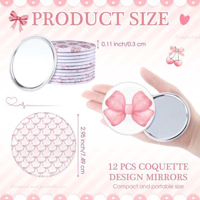 Chunful 12 Sets Coquette Bow Party Favors Includs Bow Canvas Makeup Bags with Zipper and Round Mini Compact Mirror for Women Baby Shower Quinceanera Girl Night Party Favors(Pink,Cute)