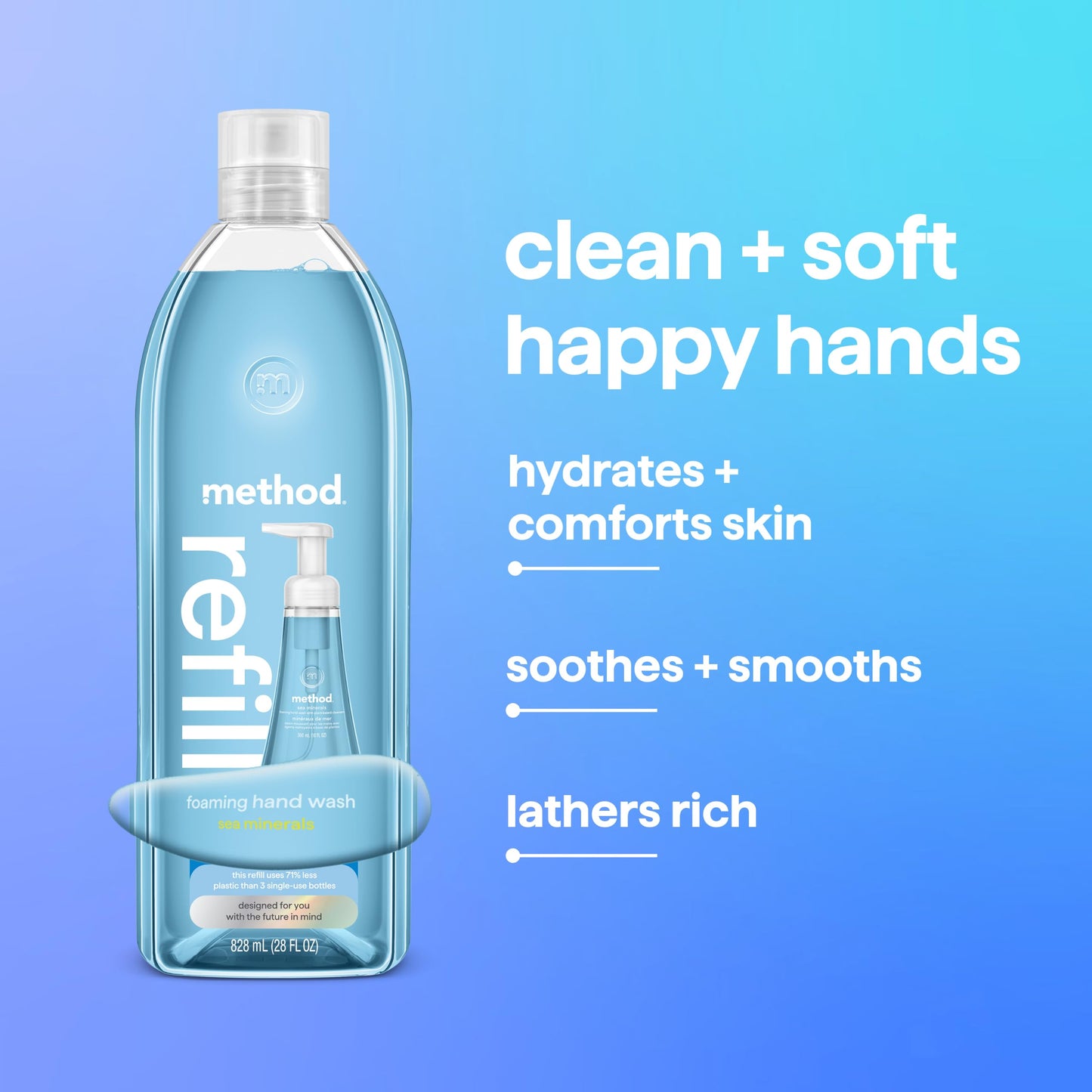 method Foaming Hand Wash Refill, Sea Minerals- Refills Up to 3X, for Bathroom & Kitchen, Leaves Hands Soft, Bergamot, Lemon & Rosemary Notes, 28 fl oz, 4 pack