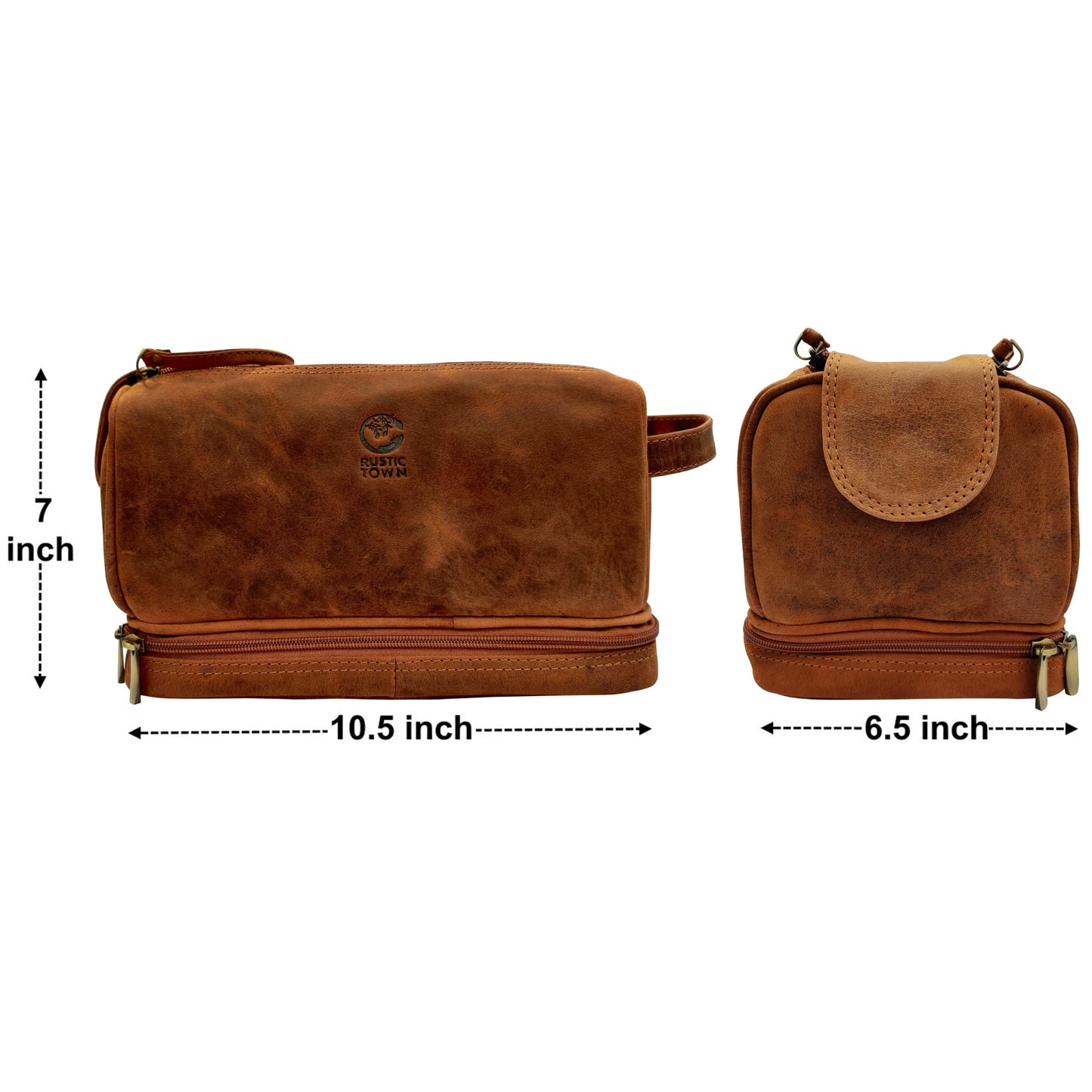 RUSTIC TOWN Leather Toiletry Bag for Men - Travel Shaving Ditty Kit - Bathroom Shower Toiletries Organizer - Cosmetic Makeup Bag for Women