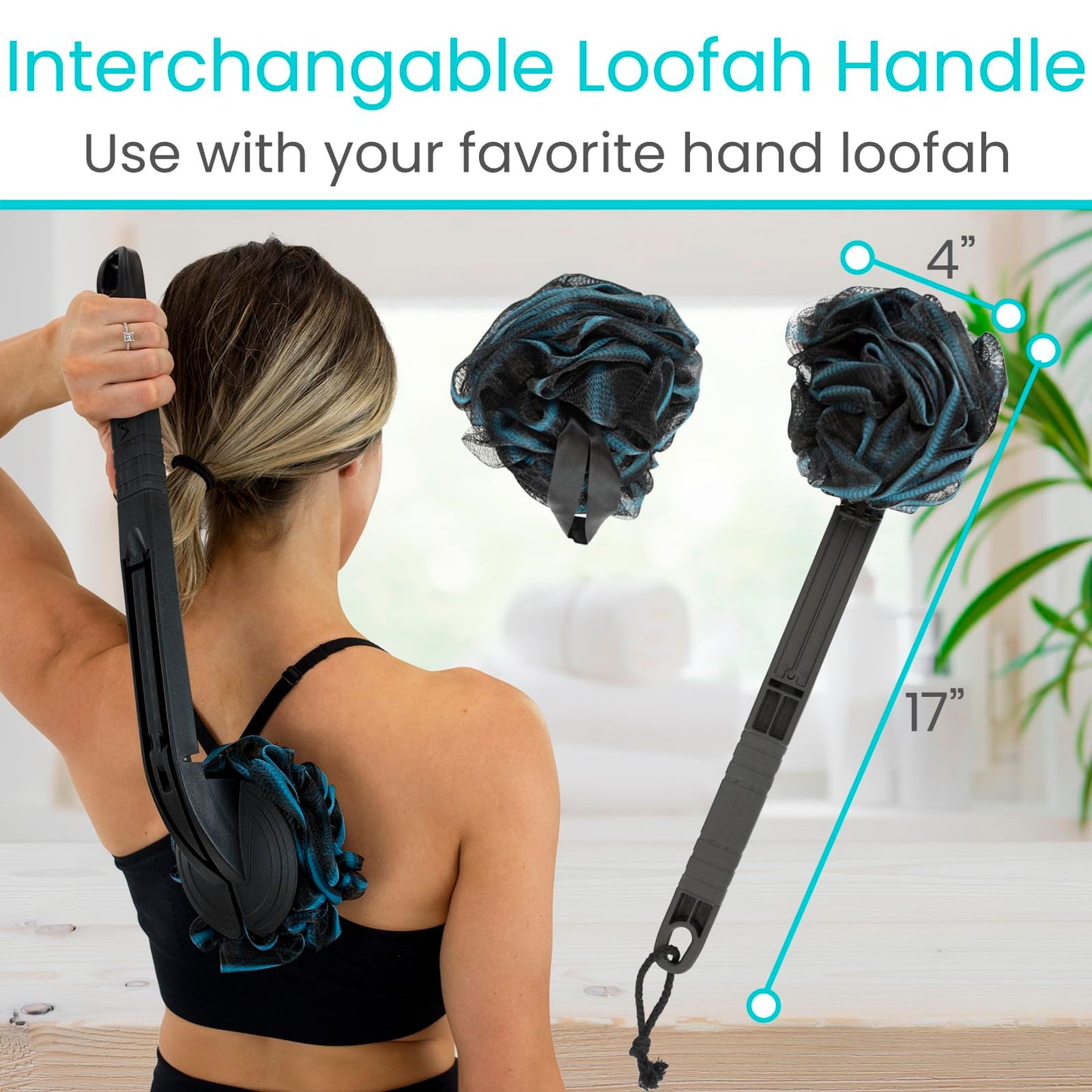 Vive Long Handled Loofah on a Stick - Mesh Back Sponge for Bath, Reusable w/Extra Pouf - Exfoliating Scrubber for Elderly & Disabled, Soft Loofa for Bathing Men & Women