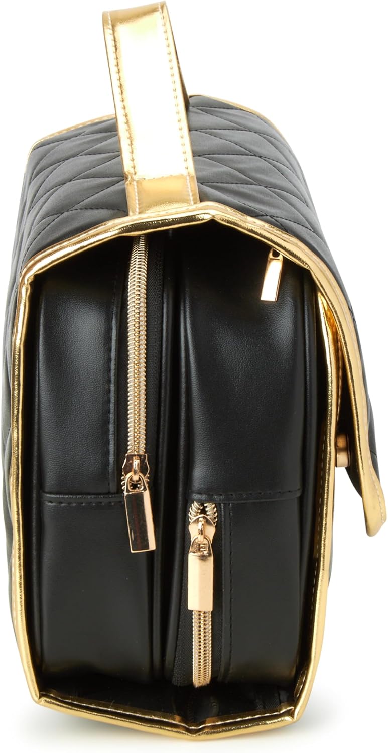 Juicy Couture Black Makeup Bag - Faux Quilted Leather Cosmetics Organizer with Hanging Hook | Travel Essentials