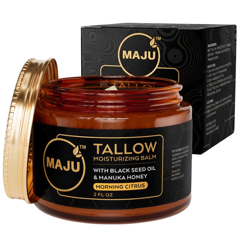 MAJU Tallow Honey Balm, Morning Citrus (2 oz), Grass Fed Beef Tallow for Skin with Organic Black Seed Oil, Manuka Honey and Organic Beeswax, Skin and Face Moisturizer for Deep Hydration