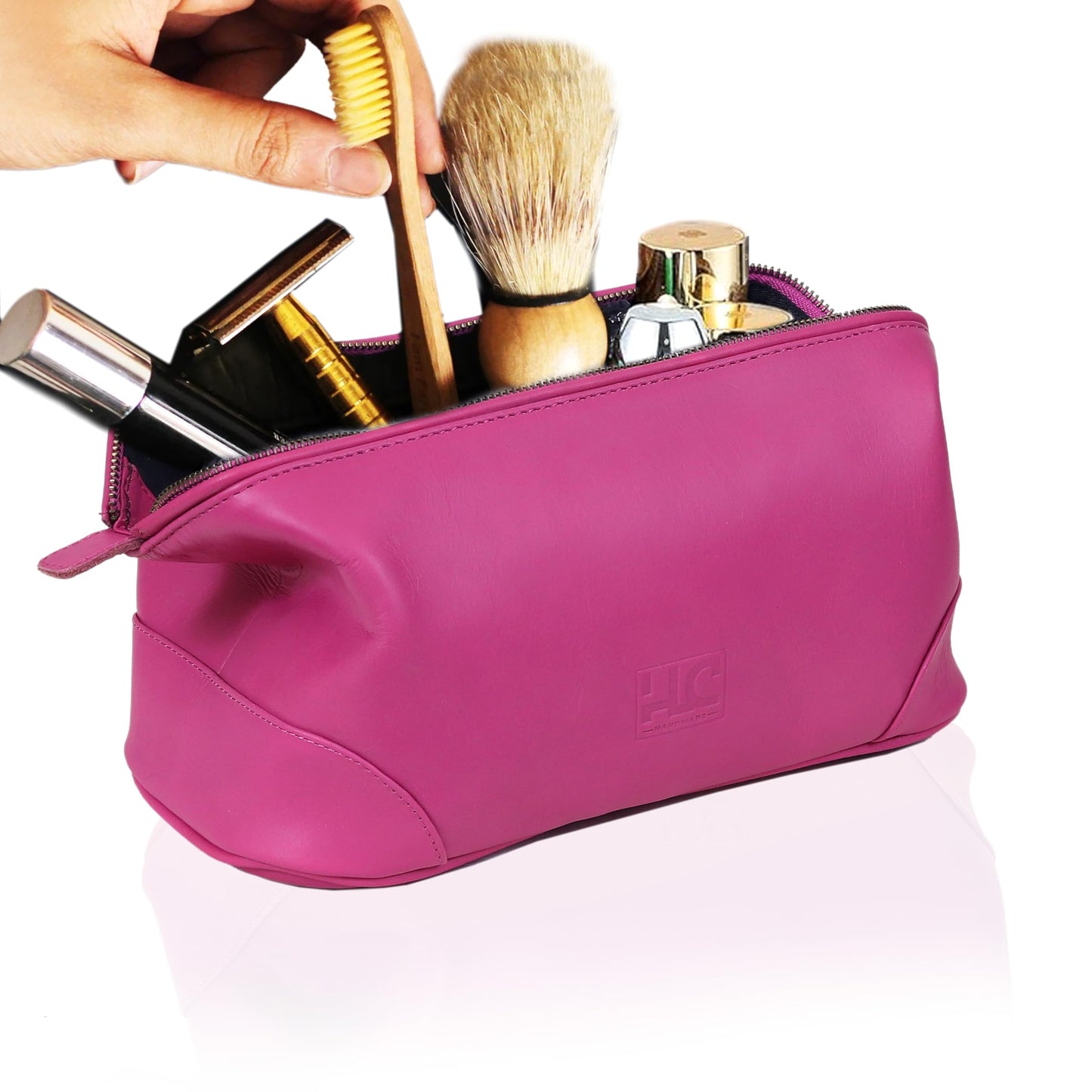 HLC Leather Toiletry Bag for Men Best Gift Premium Genuine Dopp Kit Shaving Kit Organizer Travel Kit Pouch Bag 10 inch Size (Pink)