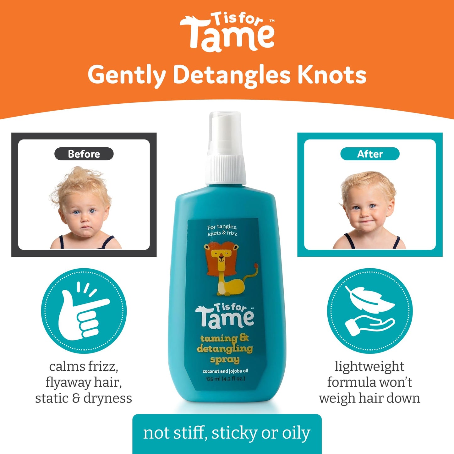 T is for Tame - Natural Hair Taming & Conditioning Spray for Kids and Babies - Tames Knots, Frizz & Detangles, Made in the USA - All Hair Types Including Curly - 4.2 fl oz (2 Pack) - Made in the USA