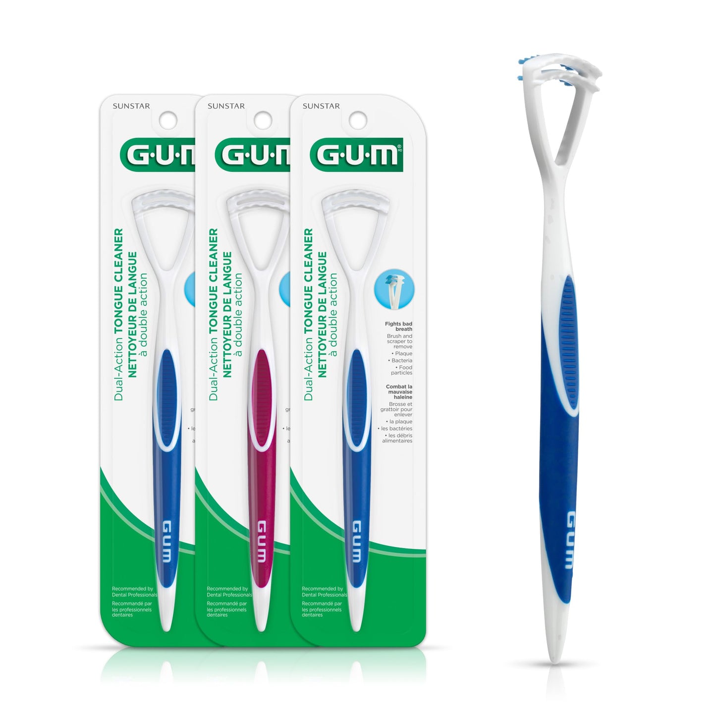 GUM Tongue Cleaner, Dual-Action Soft-Bristled Tongue Brush with Tongue Scraper for Better Oral Hygiene & Bad Breath Control, Pack of 3