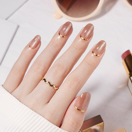 VSALON Oval Short Press On Nails, Gold Foil Finish Cat Eye French Tip