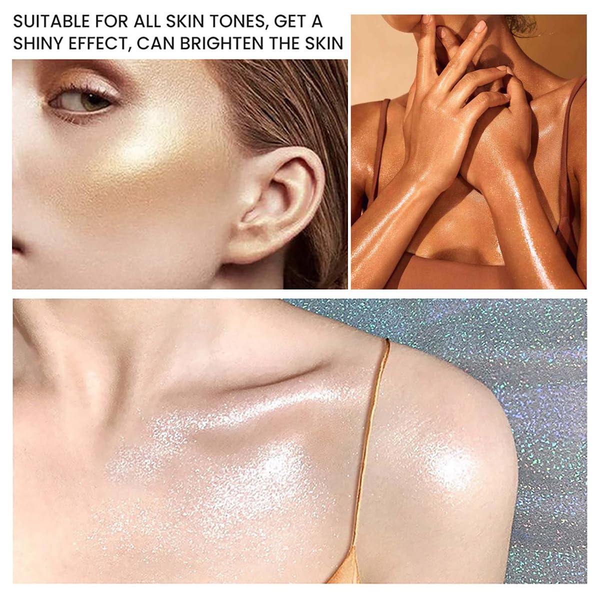 Body Glitter Spray Highlight, 4 Shimmering Color, Quick-Drying Formula Moisturizing Liquid Highlighter for Black/White Skin Women Men for Party, All Body Parts (# 03 Bronze)
