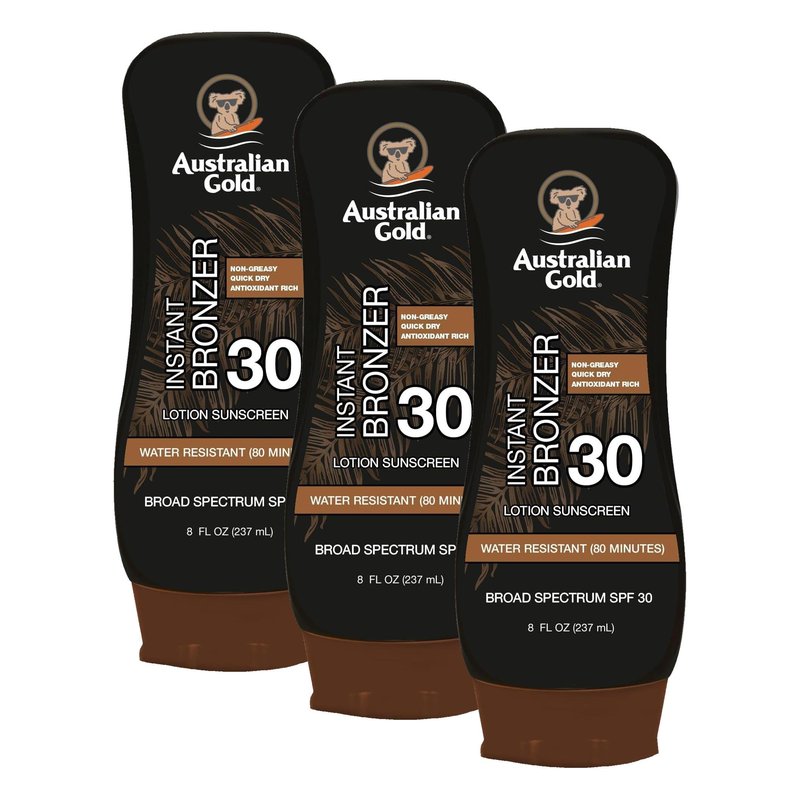 Australian Gold Sunscreen Lotion with Instant Bronzer, Broad Spectrum, Water Resistant, Non-Greasy, Oxybenzone Free, Cruelty Free, SPF 30, Coconut, 8 Fl Oz (A70902) (Pack of 3)
