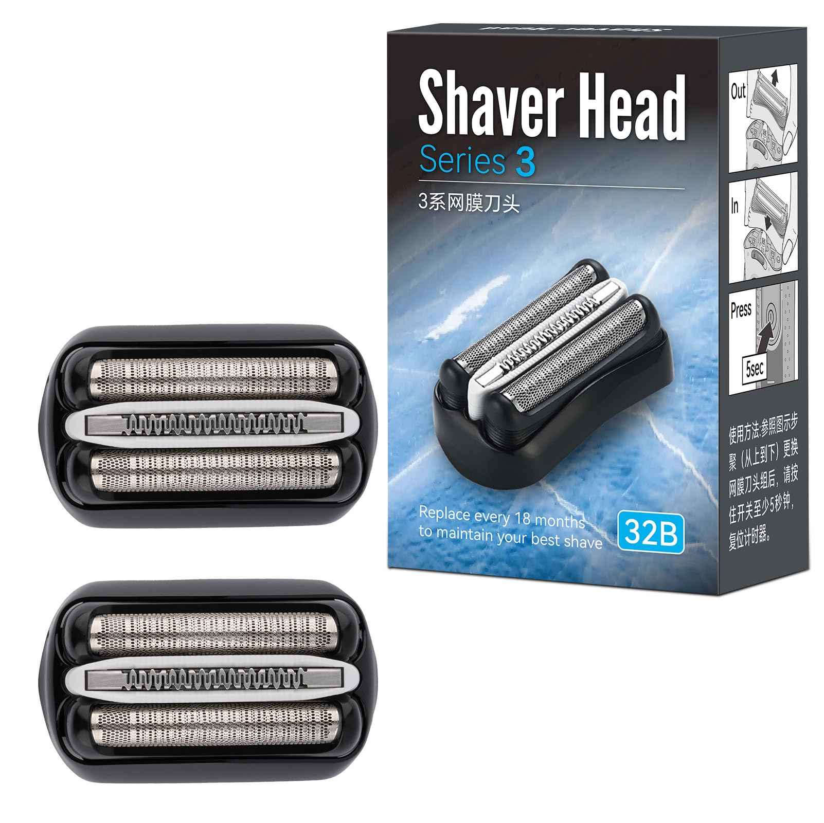 2Pack 32B S3 Electric Shavers Replacement Heads Compatible with Braun Series 3,Foil & Cutter Razor Heads Suitable for S3 3040s 3000s 3050cc 3010s 3070cc 3080s etc.