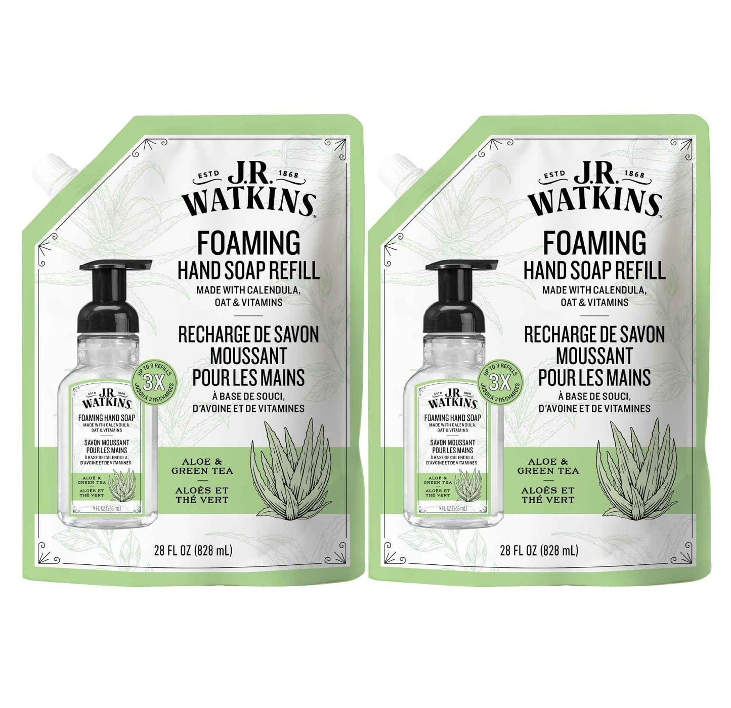 J.R. Watkins Foaming Hand Soap Refill, Moisturizing Foam Hand Wash, Formulated with Plant-Based Cleansers, Alcohol-Free, Cruelty-Free, Aloe & Green Tea, 28 fl oz, 2 Pack