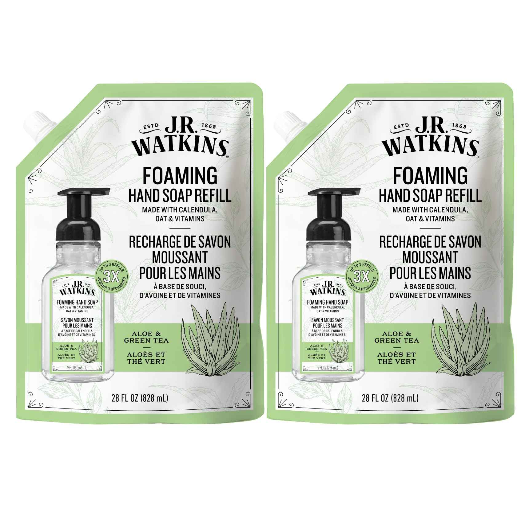 J.R. Watkins Foaming Hand Soap Refill, Moisturizing Foam Hand Wash, Formulated with Plant-Based Cleansers, Alcohol-Free, Cruelty-Free, Aloe & Green Tea, 28 fl oz, 2 Pack