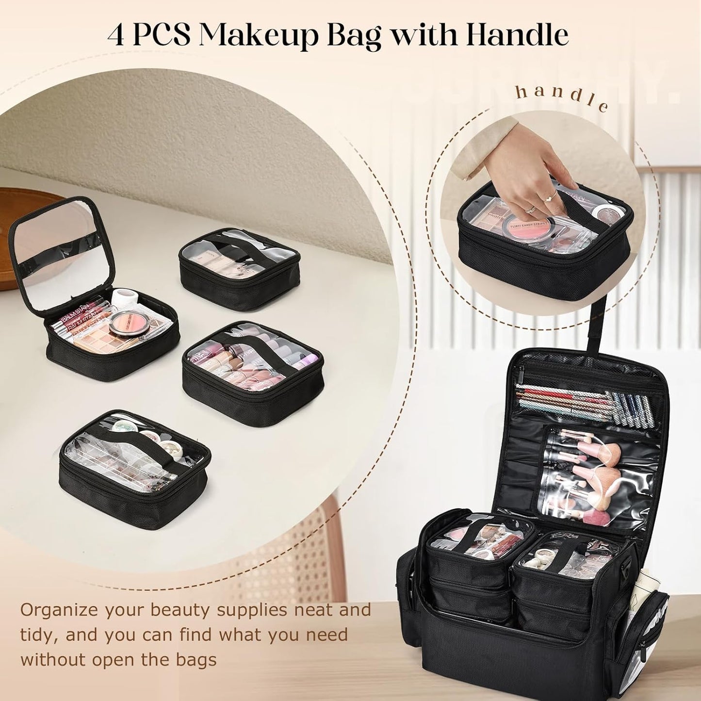 Professional Makeup Bag - Large Cosmetic Organizer with Brush Holder & 4 Clear Bags | Travel Storage with Shoulder Strap & Dividers