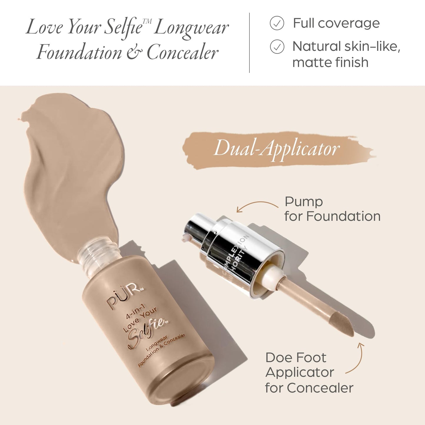 PÜR MINERALS 4-in-1 Love Your Selfie Longwear Foundation and Concealer - Unique, Dual-Applicator Component - Covers Blemishes and Imperfection - Reduce Fine Lines and Wrinkles - MN5 - 1 oz Makeup