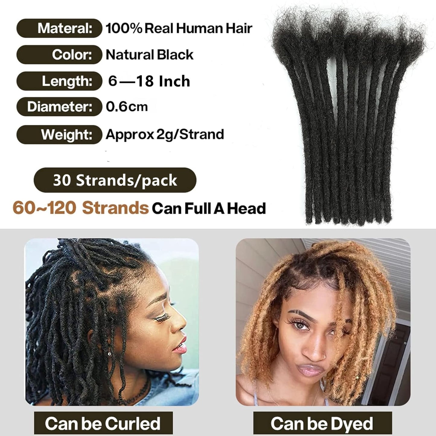 Loc Extensions Human Hair for Women Men Kids 0.6cm Width 16 Inch 30 Strands Natural Black 100% Handmade Permanent Locs Dreadlock Extensions Real Human Hair Can Be Curled and Bleached