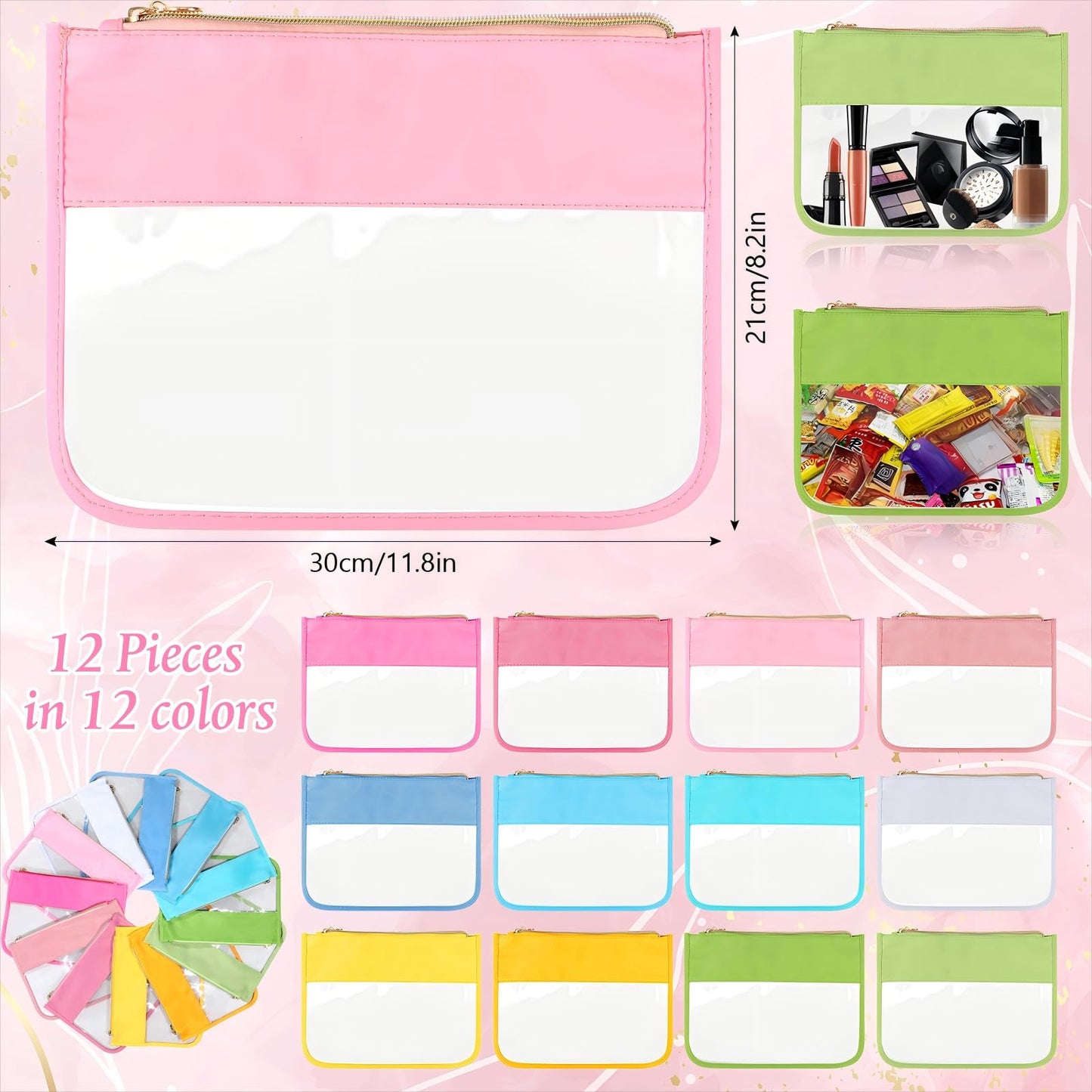 Sweetude 12 Pieces Clear Zipper Pouch for Travel Nylon Makeup Bag Waterproof Snack Stuff Pouches Cute Purse Cosmetic Bags for Women Girls Gifts