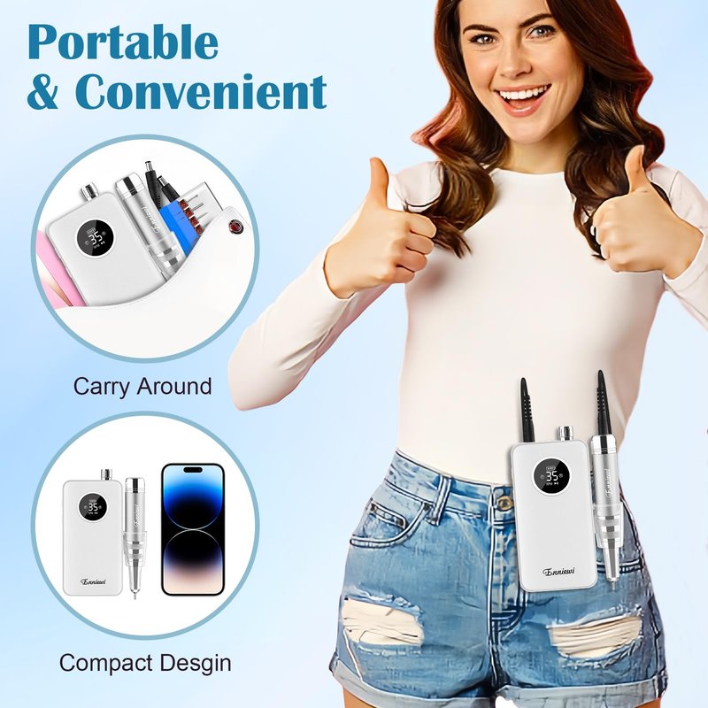 Enniewi Nail Drill Professional 35000RPM, Cordless Electric Nail File Drills para Uñas, Portable Rechargeable E File 7 Bits Manicure Pedicure Kit for Acrylic Nails Gel Remover Salon Home Tools, White