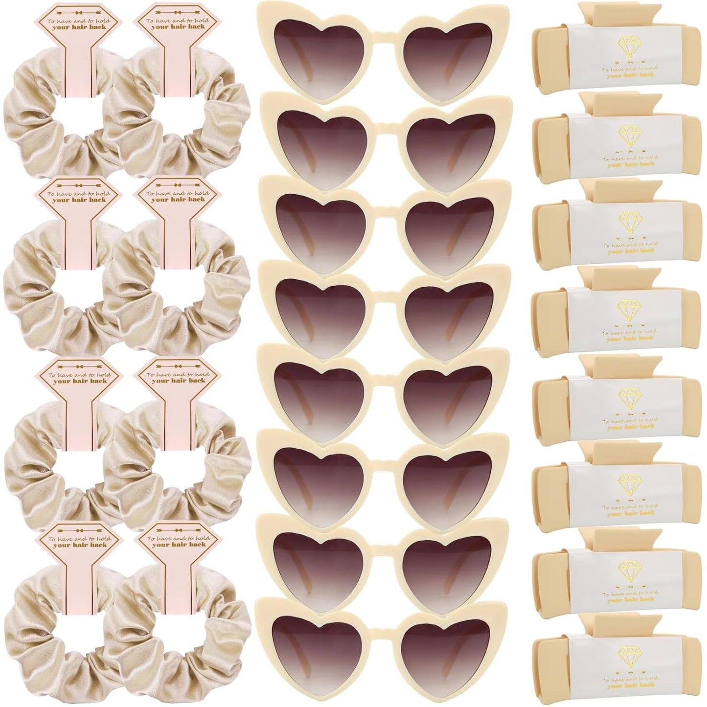 Bridesmaid Scrunchies Set - 12 Hair Claw Clips & Heart Sunglasses | Wedding & Bachelorette Party Favors (Champagne)