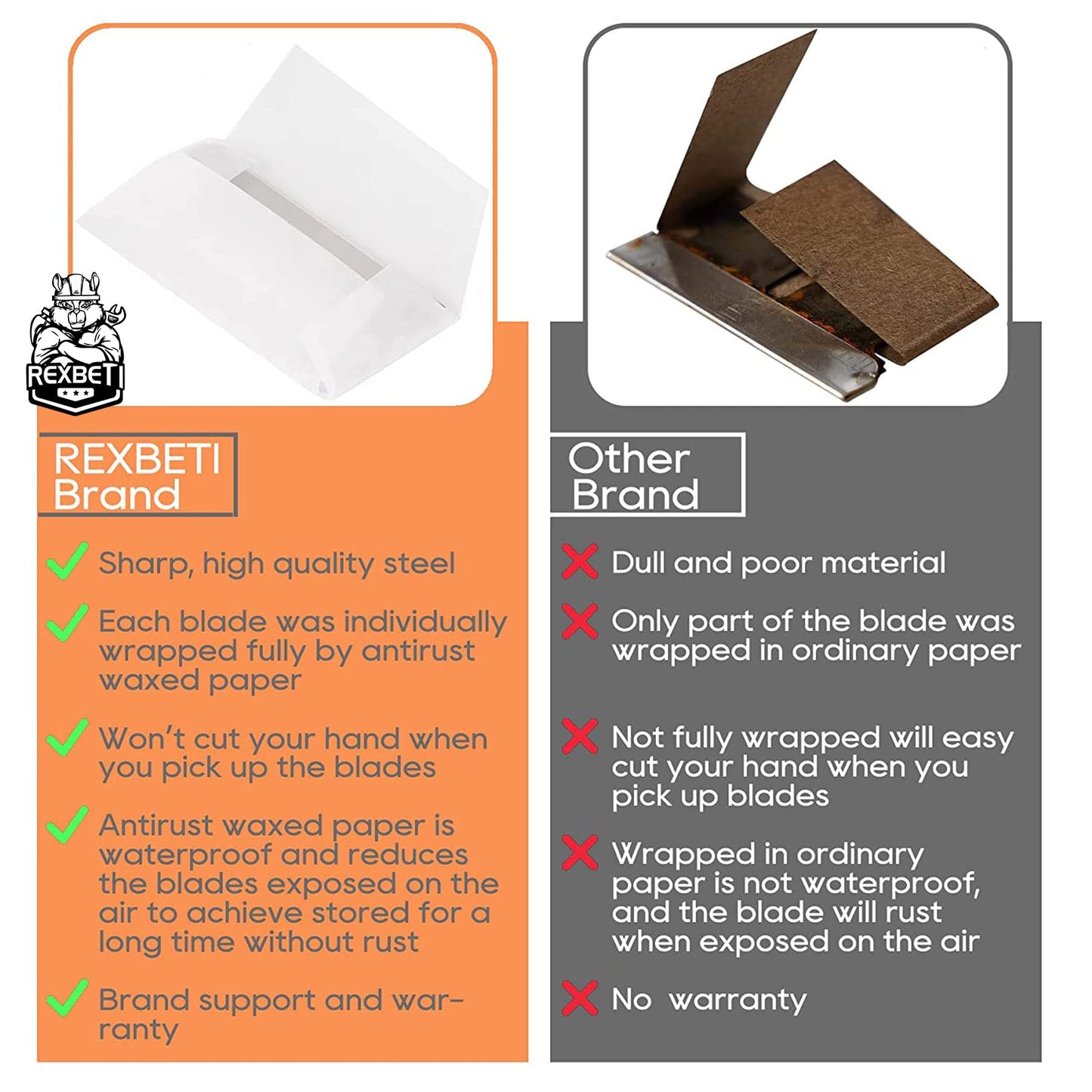 REXBETI 600PCS Single Edge Razor Blades, Industrial Razor Blades, Box Cutter Replacement Blades, Glass Scraper Blades