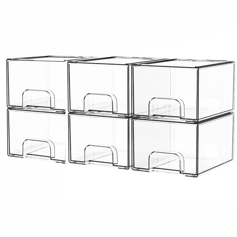 Yieach 6 Pack Small Stackable Storage Drawers,4.4 Inch Tall Stacking Acrylic Clear Storage Bins for Bathroom Vanity,Undersink,Pull Out Drawer Organizers for Beauty,Makeup,Medicine Cabinet Organizers