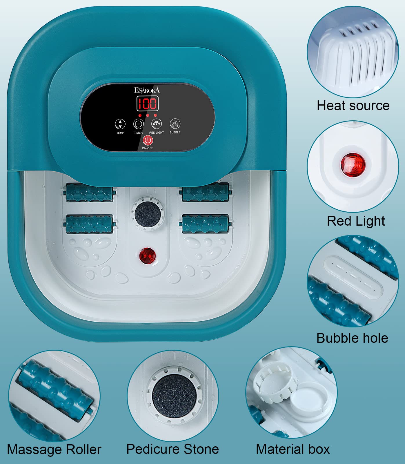 ESARORA Collapsible Foot Bath Massager with Heat, Temperature Control, Timing, Red Light & Bubble, Foot Soak Bath Basin with Massage Rollers, Acupressure Massage Points, Pumice Stone - Green