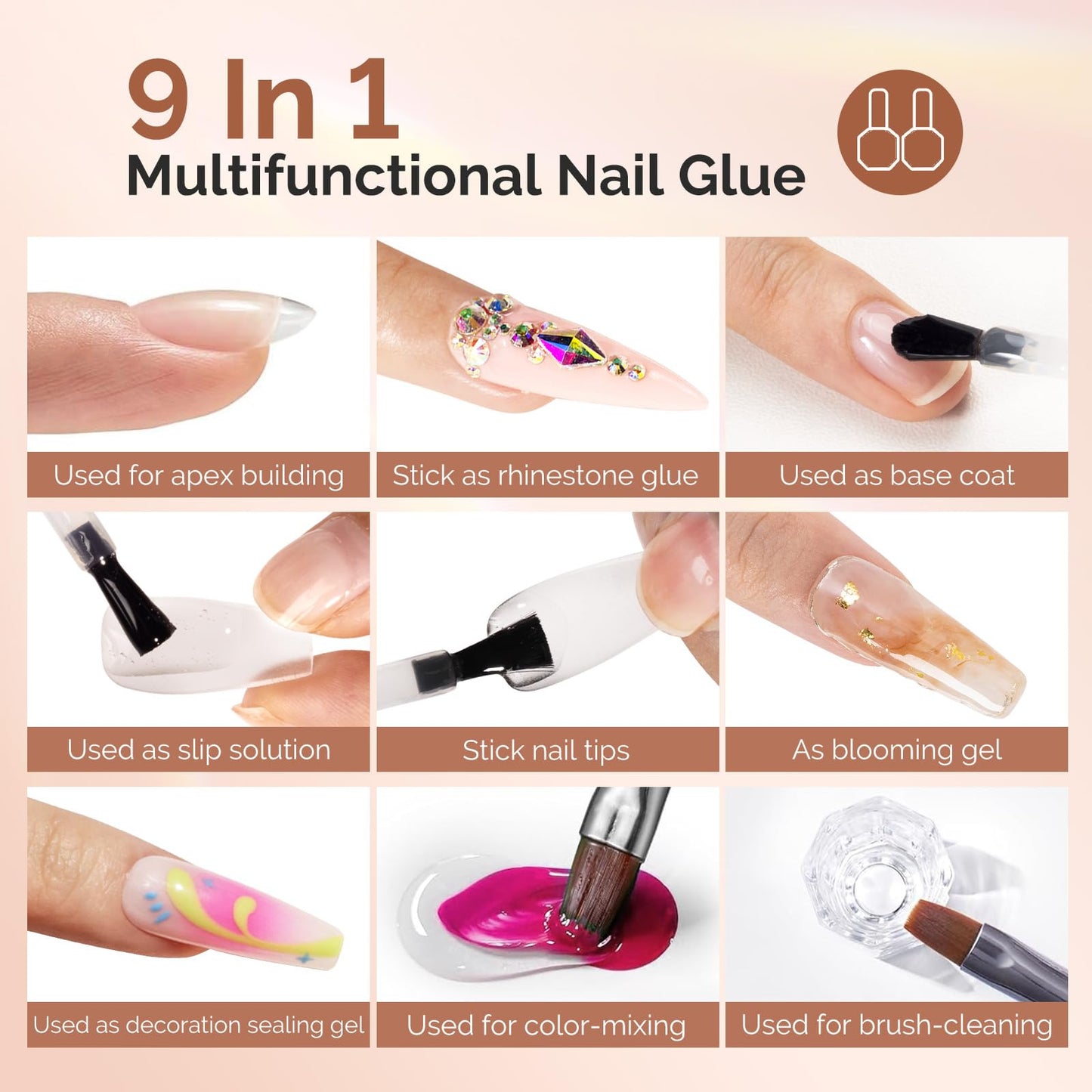 MelodySusie 9 in 1 No TPO Gel Nail Glue for False Nail Tips, 2Pcs*15ml Long Lasting UV Light Required,as Base Coat, Apex Building, Blooming & Rhinestone Gel, Stong Adhesion Manicure Kit Salon Home