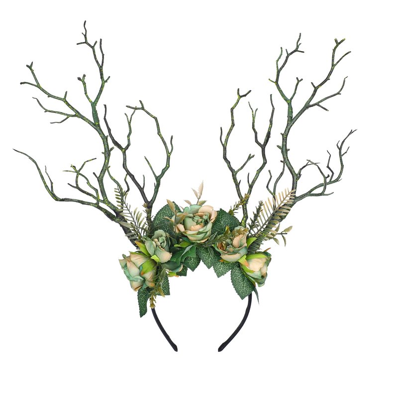 MOSTORY Handmade Green Branch Crown Woodland Flower Headband Forest Antler Headpiece Floral Fairy Hairband for Women Girls Renfaire Elf Cosplay Halloween Party