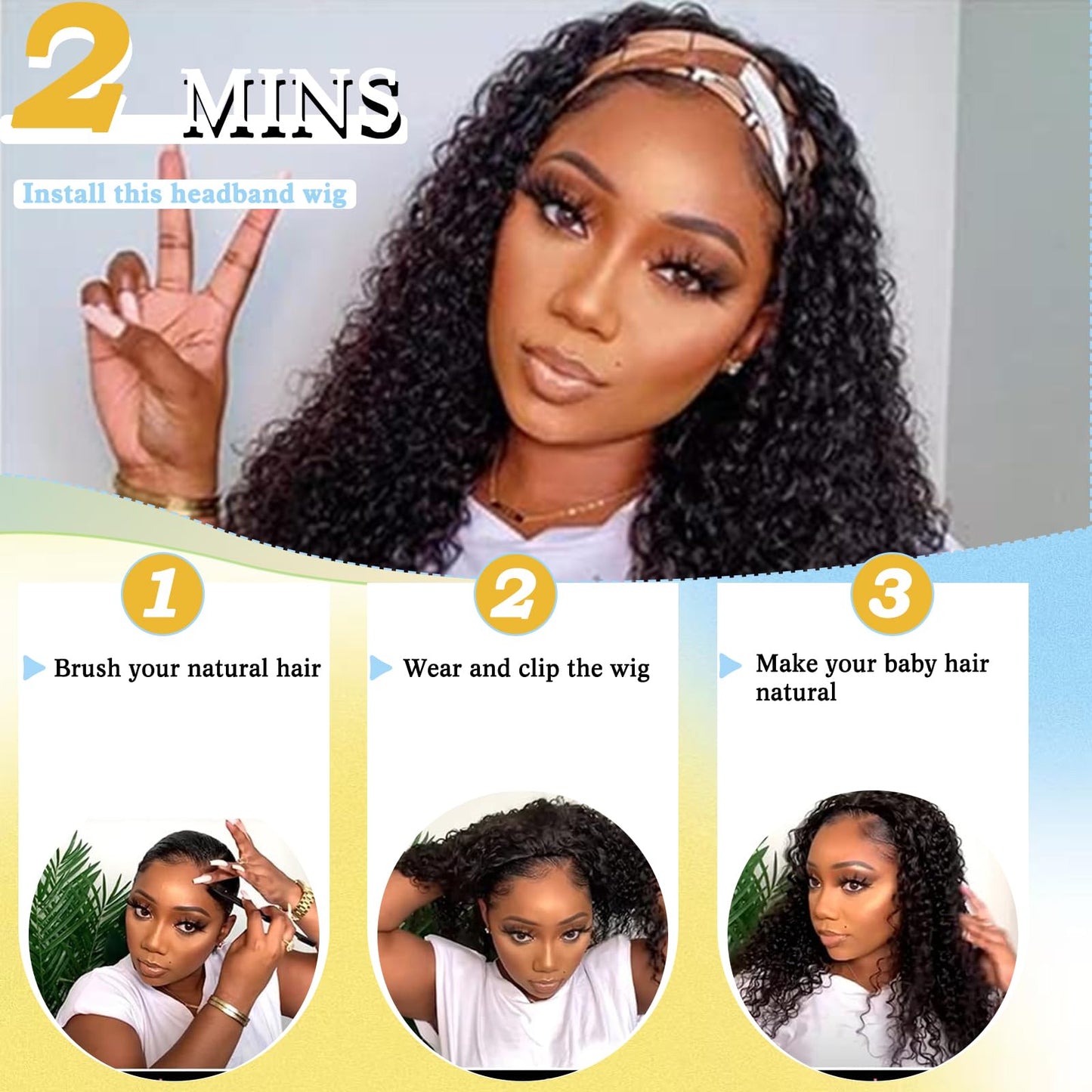 Usweety Headband Wigs Curly Short Deep Wave Wig 14 inches Synthetic Headband Wig for Women No Lace Wig Natural Color Bob Headband wig for Daily Use