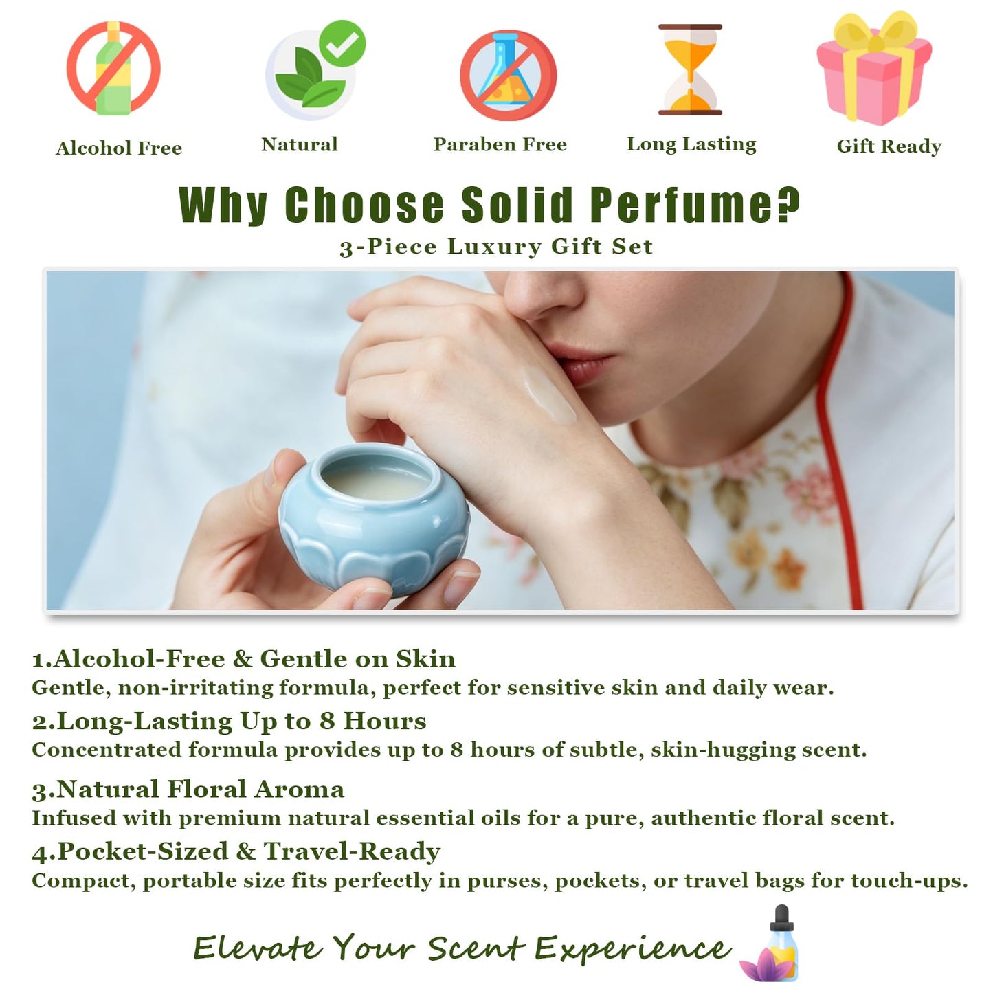 Banami Solid Perfume Set 3 Pcs,Jasmine Gardenias Magnolia,Alcohol-Free Long-Lasting Fragrance for Women
