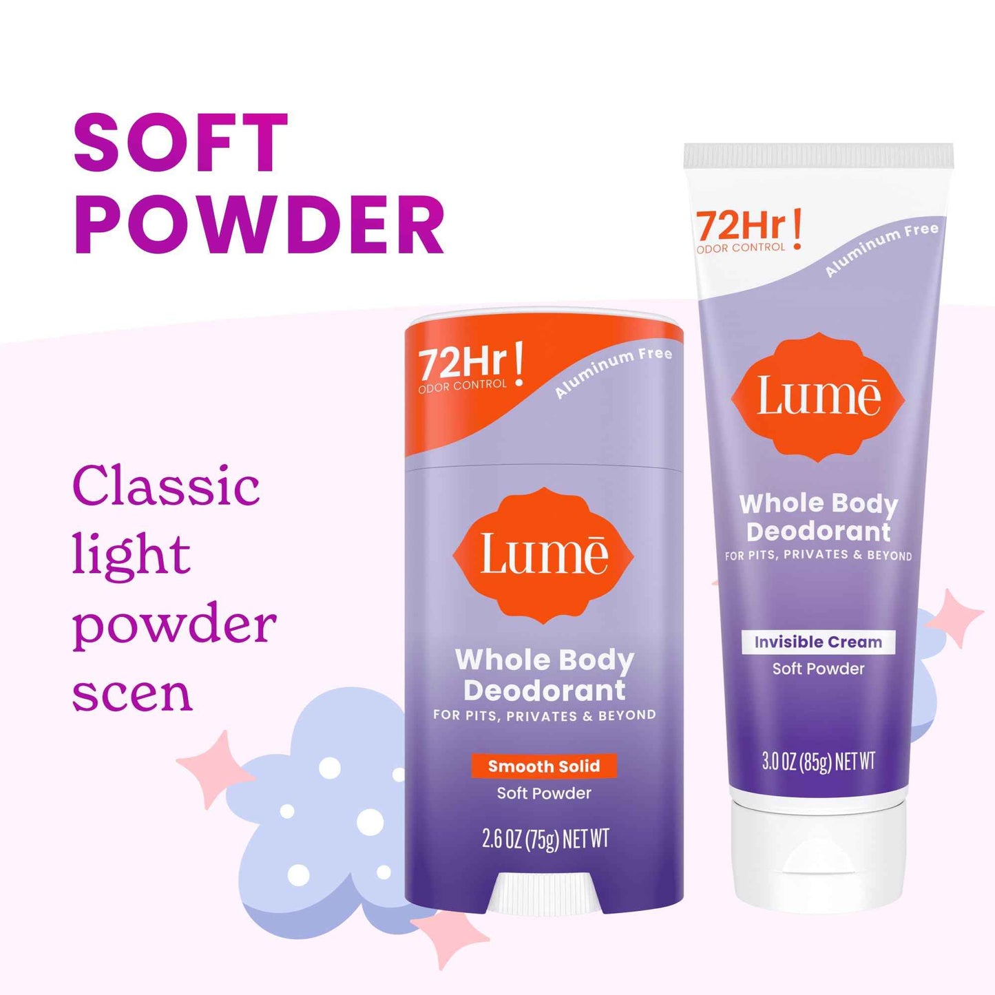 Lume Whole Body Deodorant - Invisible Cream - 72 Hour Odor Control - Aluminum Free, Baking Soda Free, Skin Safe - 3.0 Ounce Tube and 2.6 Ounce Solid Stick Bundle (Soft Powder)