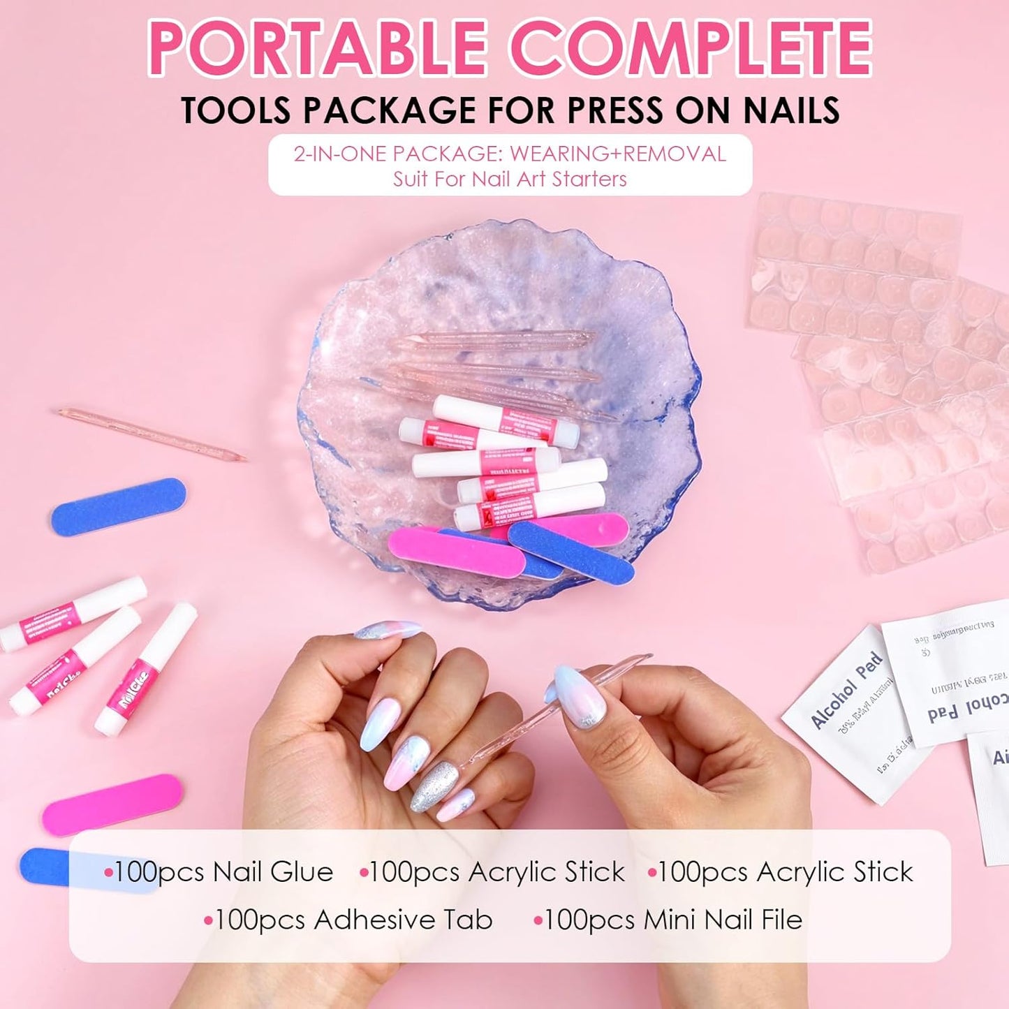 Press On Nail Tool Kit - 100PCS Nail Prep Set with Glue, Adhesive Tabs & Mini File | Perfect for Nail Art Starters