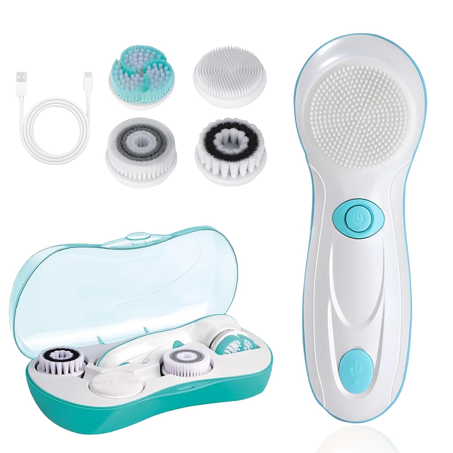 Facial Cleansing Brush, Electric Face Scrubber with 4 Cleanser Heads and 2 Speeds Adjustable for Deep Cleaning, Portable Rechargeable and Waterproof Face Wash Brush for Women & Men (Green)