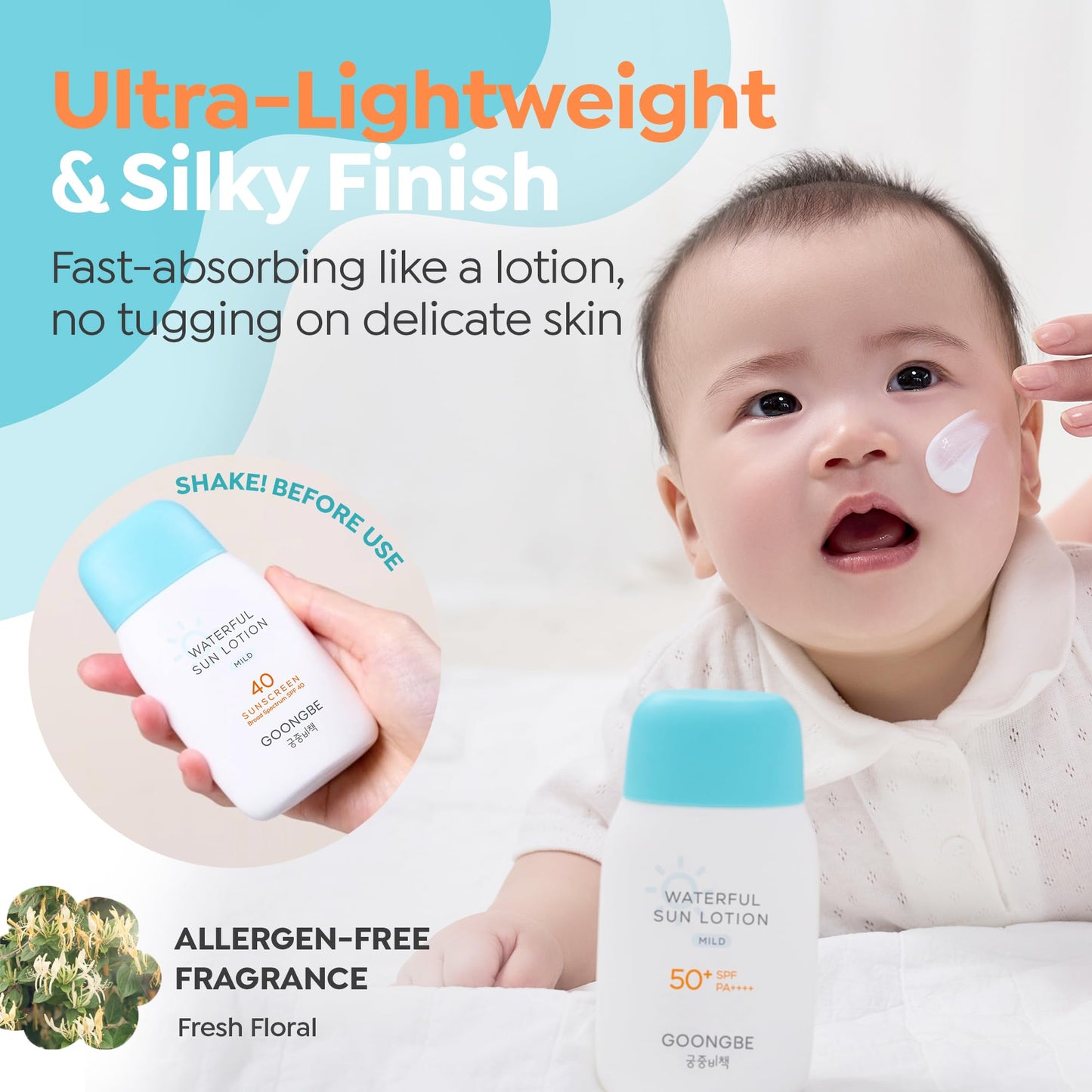 GOONGBE Waterful Sun Lotion Mild SPF 40 - Zinc Oxide Water Resistant Mineral Sunscreen for Babies, Kids & Adults - Hypoallergenic, Vegan - Korean Sun Care for Sensitive Skin, 2.82 fl.oz.