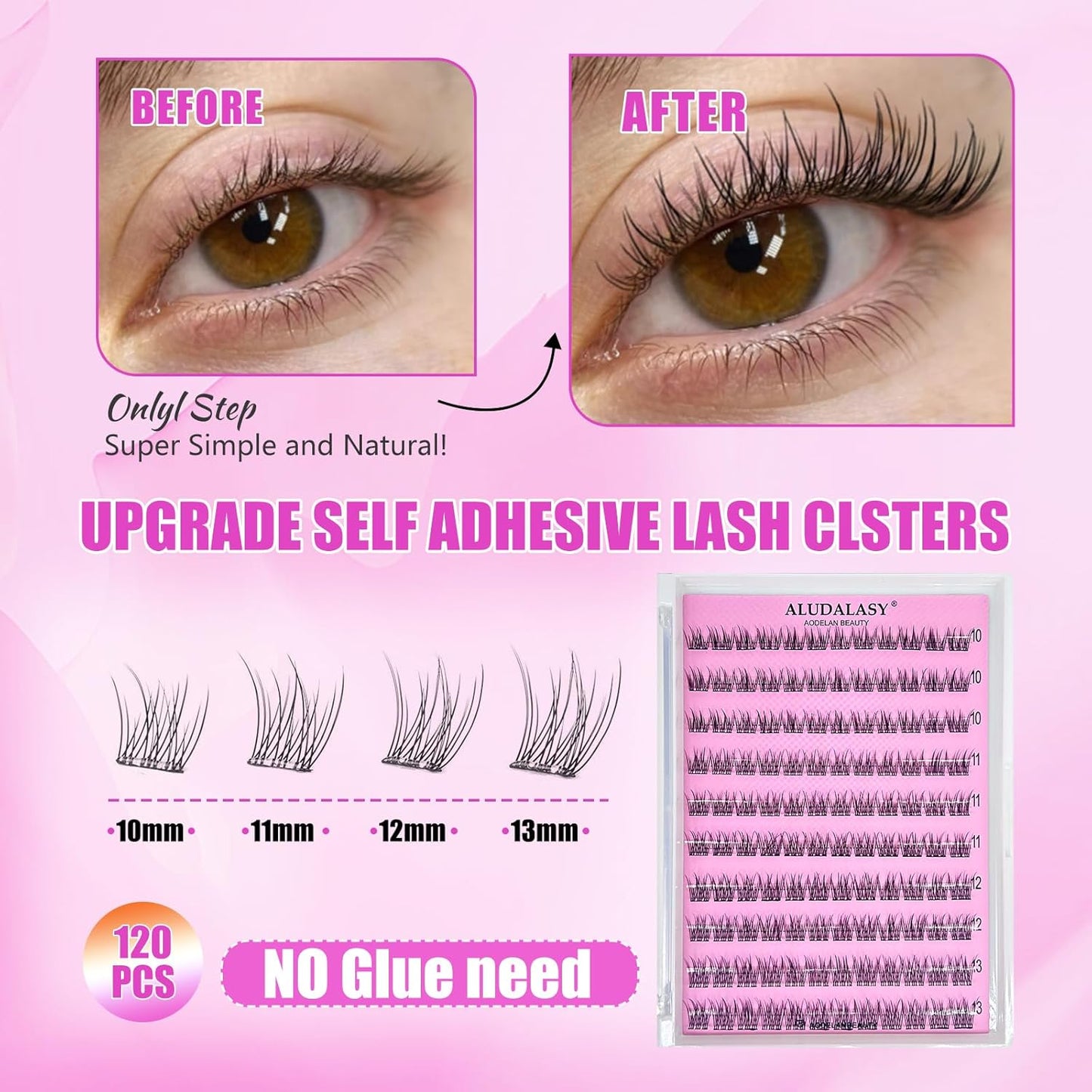 Self-Adhesive Eyelashes Kit - 120PCS Reusable No-Glue Wispy Lashes | 10-13mm C Curl with Tweezers & Remover