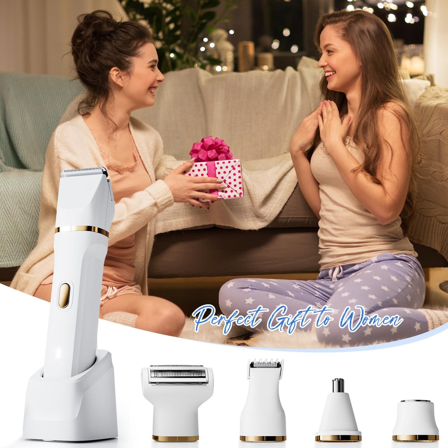ele ELEOPTION Electric Razors for Women 5-in-1 Waterproof Wet Dry Electric Shaver with USB Charge Dock, Legs Hair Remover, Body Shaver for Beard Bikini Trimmer for Women White