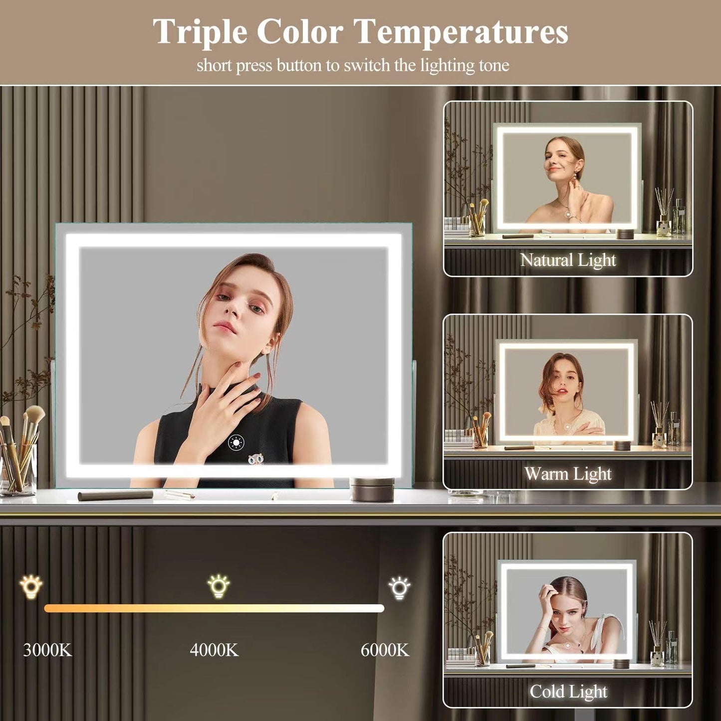 Gvnkvn Vanity Mirror with Lights, 15"× 11" LED Makeup Mirror, Lighted Makeup Mirror with Lights, Smart Touch Control Dimmable 3 Modes Light 360°Rotation White