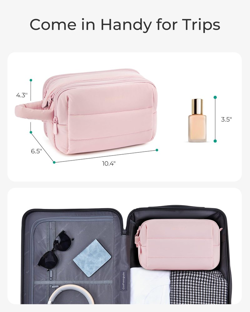 BAGSMART Travel Toiletry Bag for Women, Puffy Cosmetic Makeup Bag Organizer, Large Wide-open Travel Organizer for Toiletries, Dopp Kit Water-resistant Makeup Case for Accessories-Beige