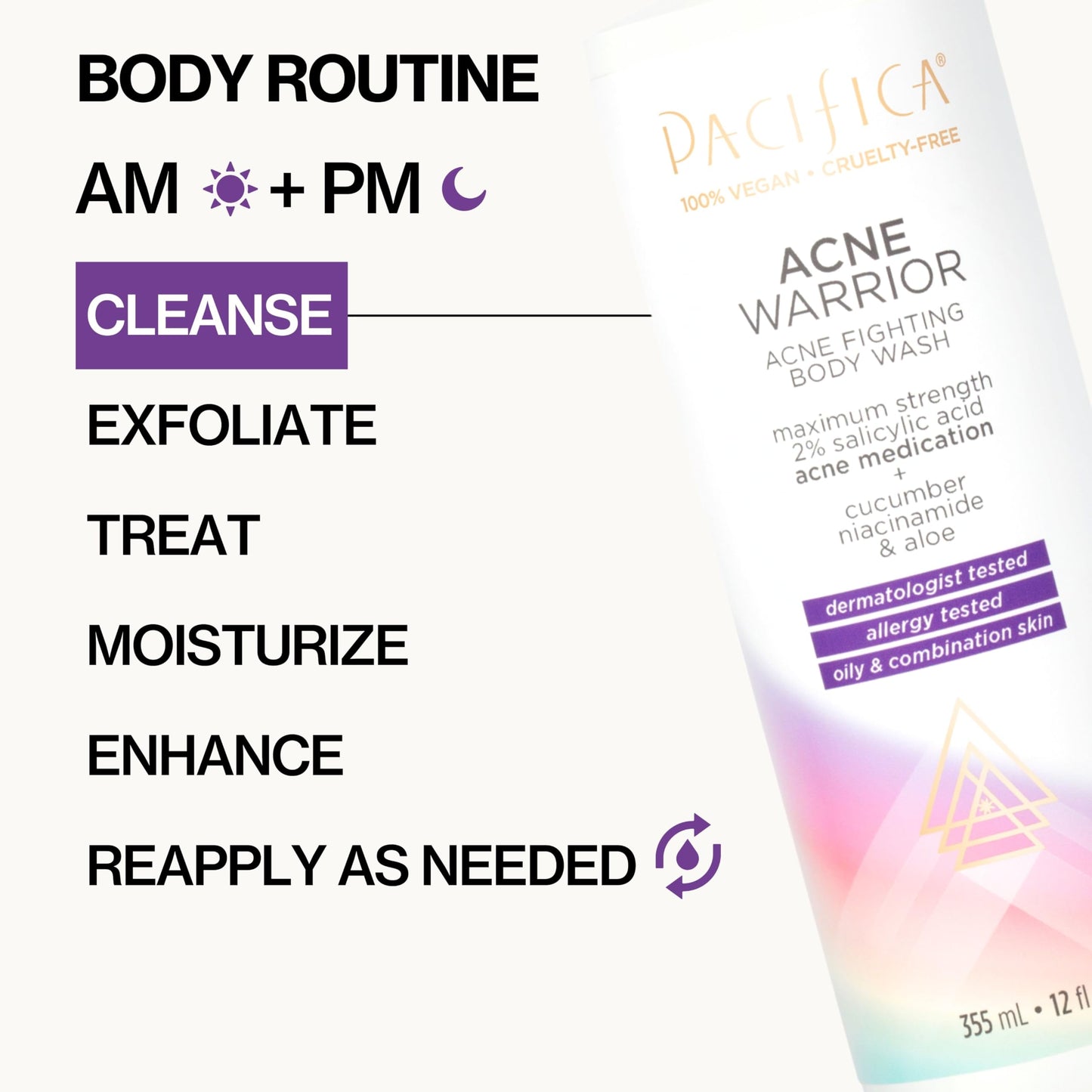 Pacifica Beauty Acne Warrior Acne Fighting Body Wash with Pump, Bath and Shower Gel, 2% Salicylic Acid, Cucumber, Niacinamide, Aloe, Acne Treatment, Blemishes, Vegan, 12 fl oz (1 Count)