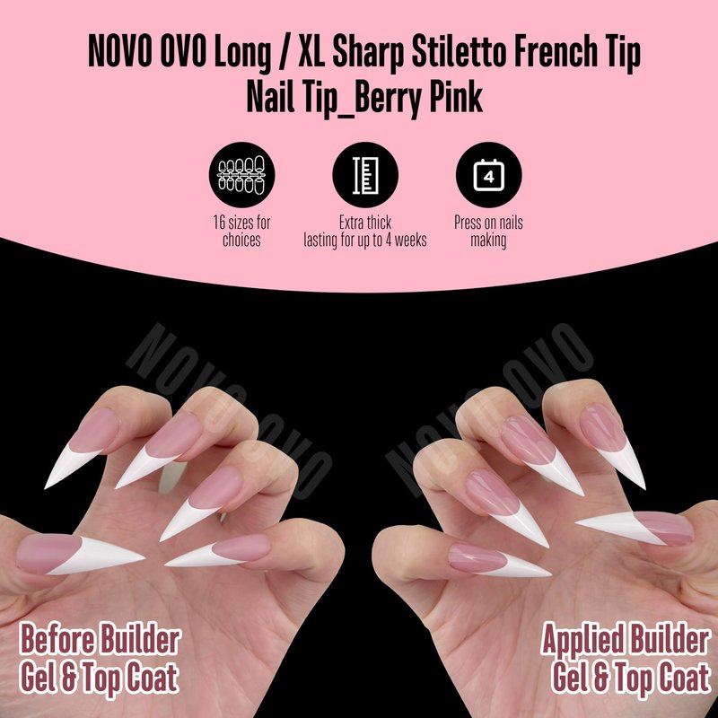 NOVO OVO White French Tip Long XL Sharp Stiletto Nail Tips Press on BERRY PINK, Soft Gel Double Matte Fake Nail Extension, Full Cover False Nails for Acrylic DIY x 16 Sizes 160 pcs