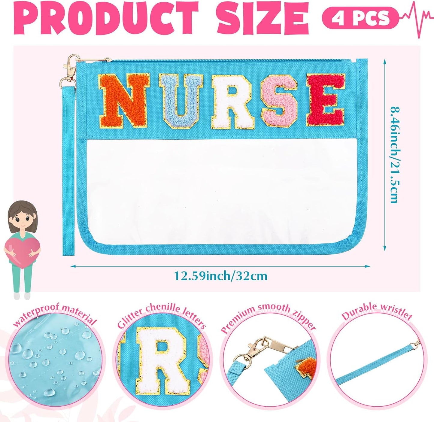 Nurses Bags Appreciation Gifts - 4 Pcs Chenille Letter Makeup Bags | Waterproof Travel Pouch for RN Graduation