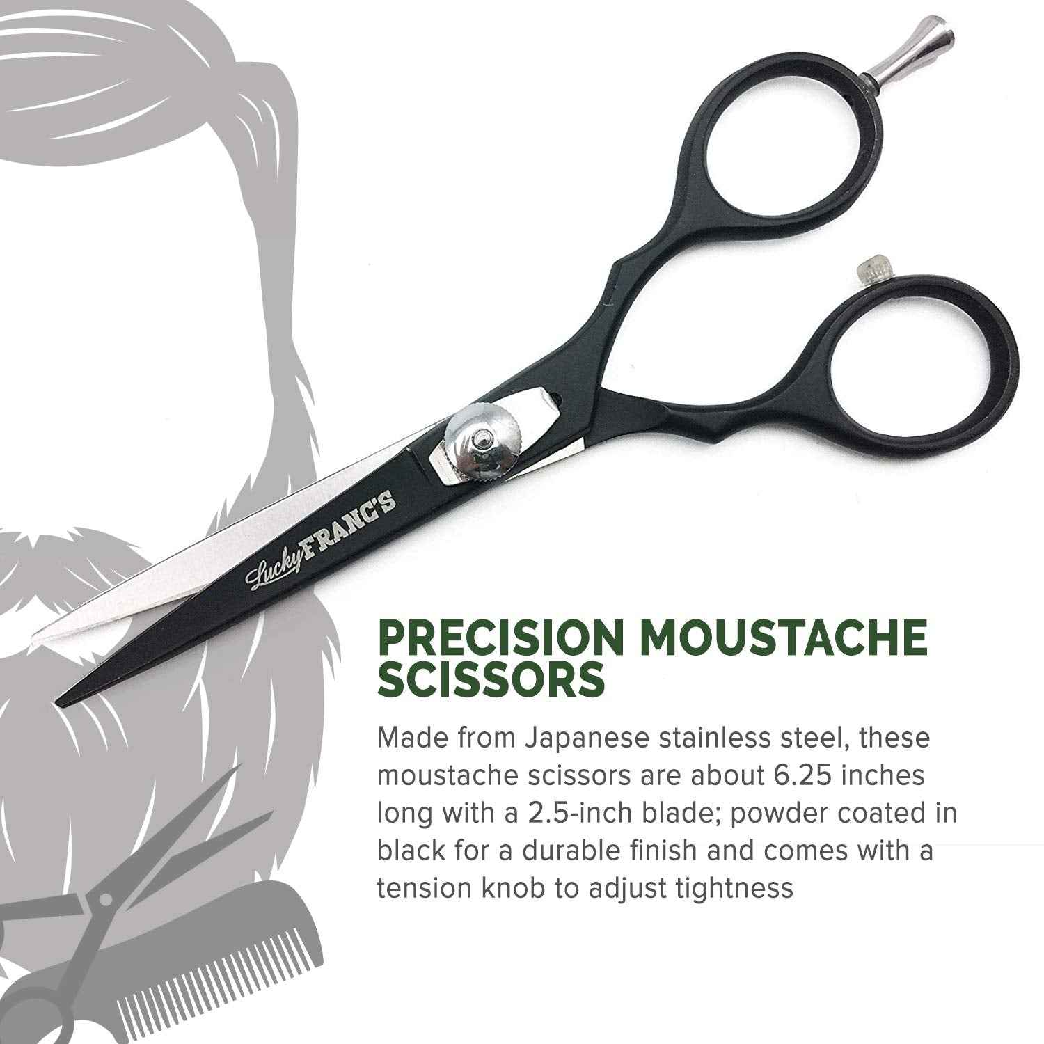 Lucky Franc's Beard Grooming Kit with Japanese Beard Scissors & Ox Horn Handmade Mini Beard Combs for Men. Mustache Trimming Kit with Mustache Hair Scissors and Comb for Men. Handmade Beard Care Kit