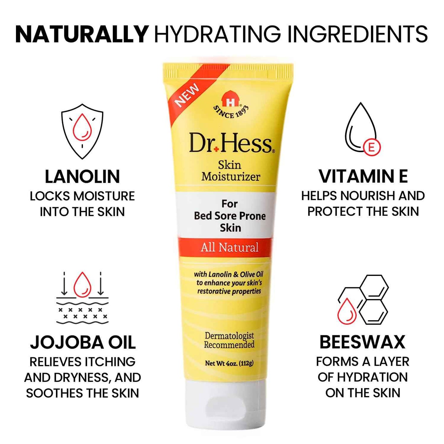 Dr. Hess Skin Moisturizer for Bed Sore Prone & Dry Skin, All Natural with Lanolin, Olive Oil, Jojoba Oil & Beeswax, Paraben & Sulfate Free, Hydrating Body & Face Cream, 4 oz, 2 Pack
