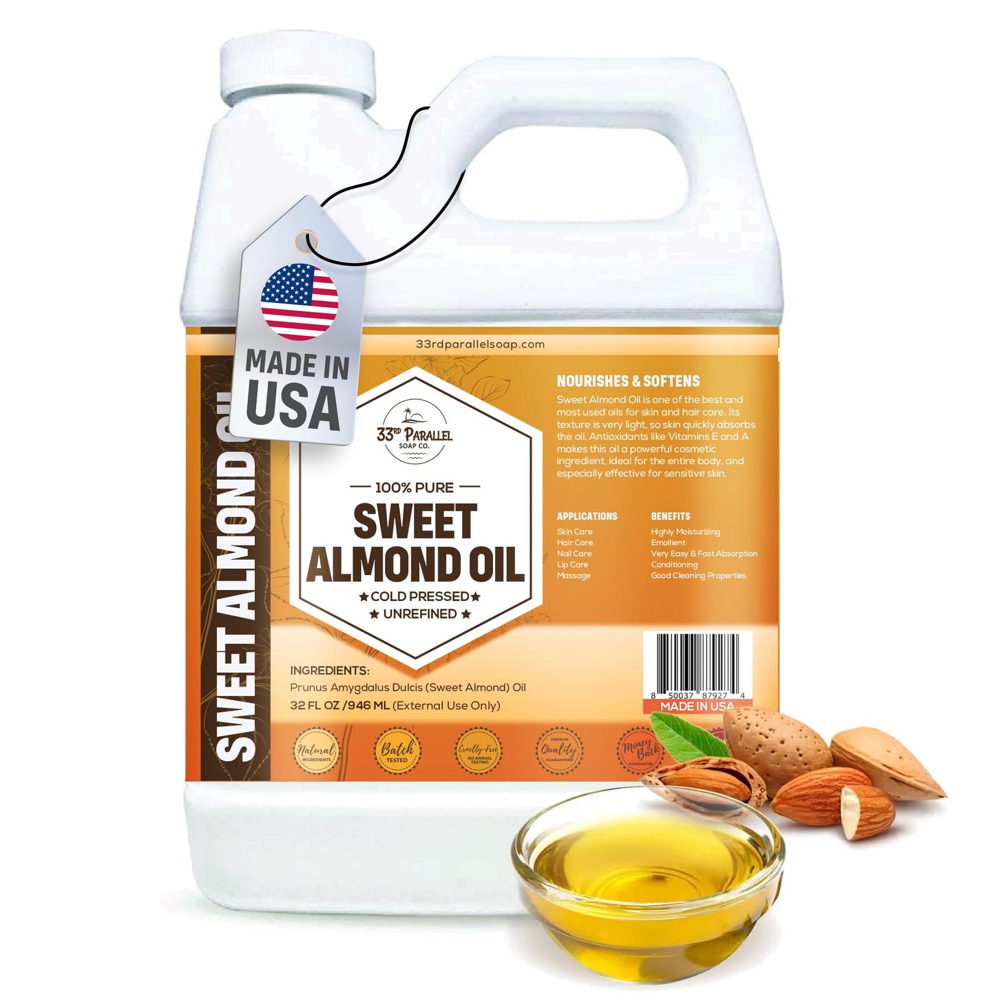 ORGANIC SWEET ALMOND OIL (32 oz) Premium Cold Pressed Unrefined | 100% Pure Sweet Almond Oil for Skin, Face, Hair, Soap Making | Carrier for Essential Oils | Available in Bulk | 32 FL OZ