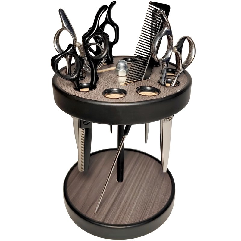 suweisua Rotating Scissors Shear Holder, Barber Organizer for Salon Station, Hair Stylist Tools Storage Rack for Combs Brushes, 10 Shears Holes and Two Comb Slots (Black)