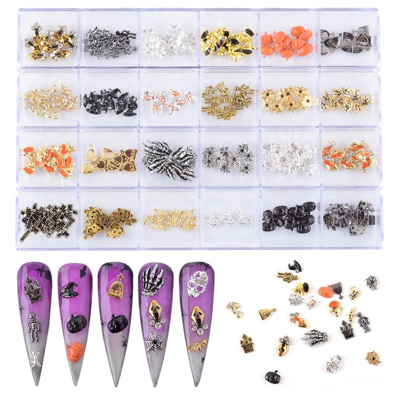 BAIYIYI Halloween Nail Charms - 24 Styles/Box Metallic Nail Studs & Rhinestones DIY Decorations